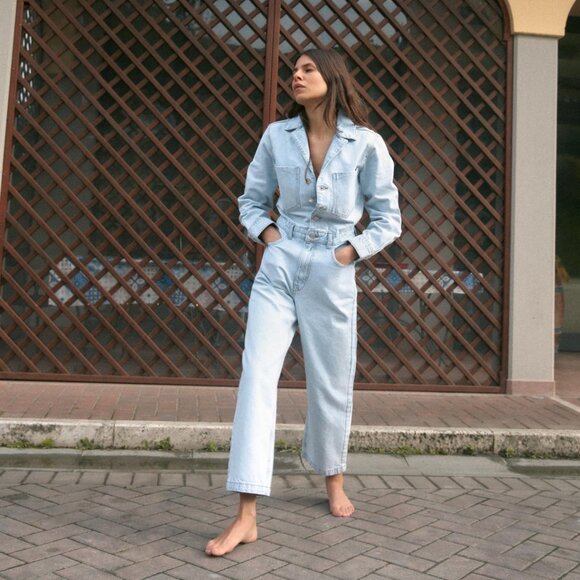 Zara Z1975 long‑sleeve denim jumpsuit light blue | Size XS | 100% Cotton - Picture 1 of 16